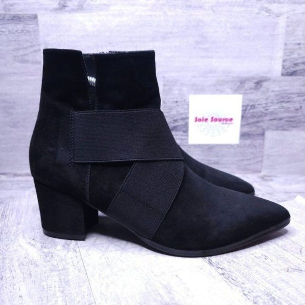 Vaneli Xara Suede Elastic Cross Strap Heeled Ankle Boot Black Women's sz 9.5